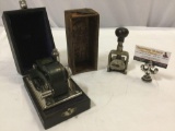 2 pc. Lot of antique office tools; Bates stamper, The Todd Co. Protectograph Check Writer