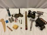 Nice lot of vintage / antique misc. items; wooden flute, binoculars, bone napkin ring, bar multi