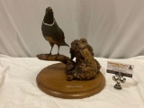 California Quail sculpture art piece on wood base, missing head piece, see pics