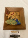 Vintage framed wood cut bull sculpture art piece, approx 8 x 9 x 2 in.