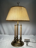 Vintage brass lamp w/ 2 pull chain bulbs / shade, tested & working, approx 15 x 29 in.