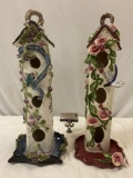 2 pc. lot of Blue Sky / Heather Goldmine ceramic porcelain gold rimmed bird house sculptures, nice