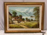 Framed original mountain village scene canvas oil painting signed by artist S. Lorenzi