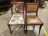2 pc. lot of antique wood chairs w/ upholstery, approx 18 x 19 x 35 in.