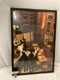 Framed Juarez Machado - Paris 1998 romantic bar scene art print, approx 25.5 x 37.5 in.