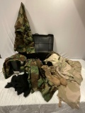 CONTICO plastic Locker w/ camouflage military fatigue clothing size XL; boots size 8W, pants, shirts