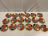 12 pc. lot of Pier 1 Handpainted earthenware plates, urban dot pattern, approx 8.5 in.