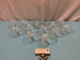 12 pc. set of vintage matching glass pitcher and small stem drinking glasses, approx 7 x 9 in.