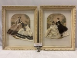 2 pc. lot of framed vintage original female figure artworks w/ cloth outfits, approx 17 x 21 in.