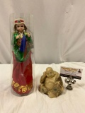 2 pc. Lot of vintage Asian ethnic outfit female doll & sitting Buddha figurine, approx 11 x 3 in.