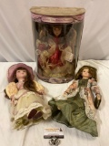 3 pc. lot of modern fine bisque porcelain girl dolls; Collectors a house in package, Seymour Mann -