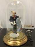 Vintage magician figure sculpture art piece w/ cloth outfit, hat & pigeon, glass display case