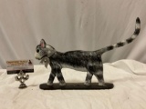 Vintage hand-painted metal cat doorstop, signed by artist SRG, approx 16 x 10 x 2 in.