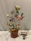 Ceramic pot metal plant jewelry hanger w/ collection of Easter holiday ornaments, chic / bunny