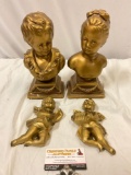 4 pc. lot of vintage decor; Marwal bust bookends, boy us damaged (see pics), cherubs