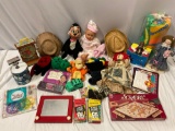 Lot of vintage stuffed toys / games, vinyl baby doll, hand puppets, Etch A Sketch, Scrabble,