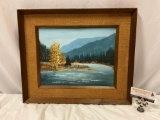 Vintage framed original nature scene painting on board Stuck River by May Ann Rock, approx 19 x 16