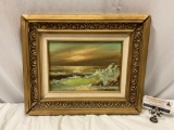 Vintage framed original canvas board ocean scene painting, frame shows wear, approx 18 x 15 in.