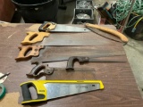 Set of seven different saws, Handsaw?s, miter saw, trim saws see pics