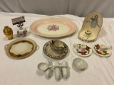 Mixed lot of vintage / antique ceramic decor; candle holders, Knowles rose platter, and more. See