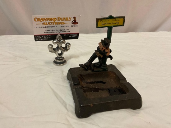 Antique WILTON PROD. cast iron SIGN POST DRUNK drunken man ashtray, approx 4 x 4 x 5 in.