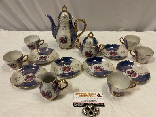 14 pc. Vintage porcelain musical teapot teacup & saucer set, made in Japan, seats 5