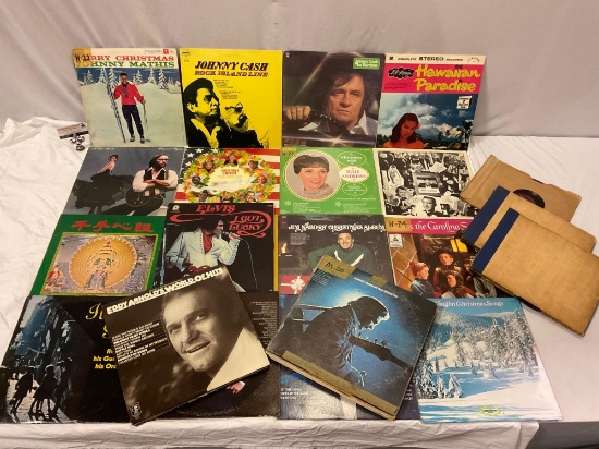 Lot of vintage Lp phonograph vinyl records; Johnny Cash, Elvis, Jim Nabors, Christmas collections &
