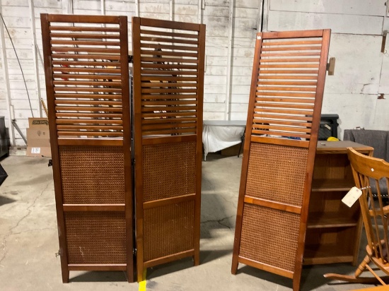 Three panel solid wood room divider , w/ reversible sides , one panel needs reattached