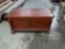 Gorgeous vintage solid wood chest with brass strapping and black metal handles see pics