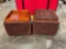 Pair of lazy boy brown faux suede leather ottomans w / Storage, tops are reversible serving trays