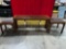 Three piece Asian inspired wooden veneer sofa table and two end tables see pics