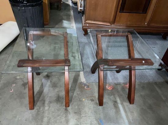 Pair of modern glass top in tables with wooden frames see pics