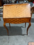 Stunning mid century European secretary desk w/Amazing variety of inlaid wood and Cabriolet legs