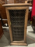 Metal front, locking wine cabinet w/ side handles, one side handle is taped to the inside of cabinet
