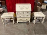 Three-piece Asian themed set, secretary desk and 2 end tables, Lacquered and painted on all sides