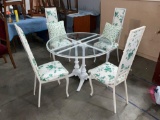 Vintage white wrought iron glass top outdoor/ sunroom table w/ 4 matching padded chairs