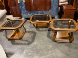 Three-piece Vintage coffee table and end tables With beveled glass tops and gold trim