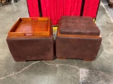 Pair of lazy boy brown faux suede leather ottomans w / Storage, tops are reversible serving trays