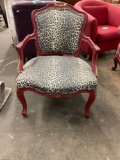 Vintage wood framed Vinyl leopard skin print Parlor chair, chair is red w/ gold accents