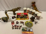 large lot of vintage JURASSIC PARK dinosaur toys, DAKIN stuffed toy, Colorforms, walking T Rex &