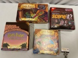 4 pc. lot of HARRY POTTER board games / trivia games / Scene It DVD game in boxes.