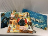 RARE 3 pc. STAR WARS used bedding lot; 2x Empire Strikes Back twin BED SPREAD & ROTJ sleeping bag,