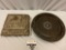 2 pc. lot of home decor; antique wood plate w/ mother of pearl inlay, ornate keepsake box w/ lid