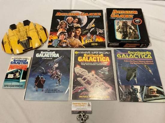 7 pc. lot of vintage BATTLESTAR GALACTICA sci-fi TV show collectibles; books, Marvel comic, puzzle,