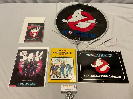 5 pc. Lot of vintage GHOSTBUSTERS / Ghostbusters II collectibles; books, 1986 calendar, balloon.