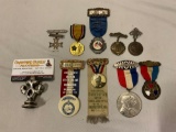 9 pc. lot of old antique medals, badges, pins, awards; 1905 Sharpshooter, 1898 Convention, Wyoming,