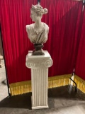 Column style plaster stand with ceramic bust of Greek goddess