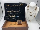 Huge selection Vintage hat pins , 14k gf necklace, small brass cross, in a antique box w/ Mp