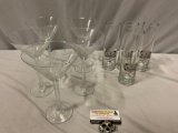 9 pc. lot of thick glass TOMMY BAHAMA tumbler drinking glasses & crystal martini glasses