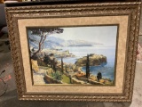 Elegant and expensively framed print European village overlooking to sea